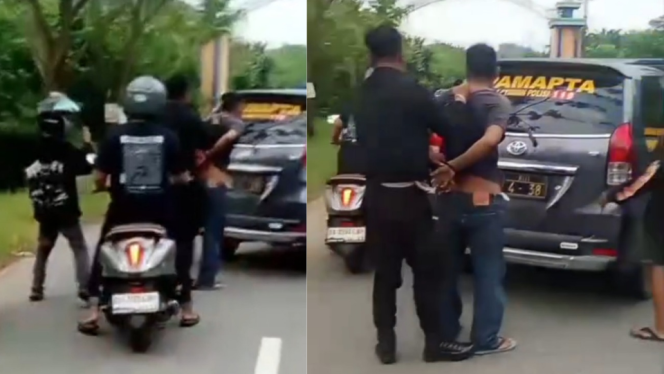 
					Ket. Pria yang membuat onar di sungai riam diamankan polres tala. Foto.Tangkapan Layar