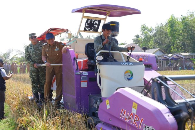 
					Ket.Bupati Tanah Laut H. Rahmat Trianto menghadiri Panen Padi Serentak di Desa Maluka Baulin, Kecamatan Kurau, yang menjadi pusat pelaksanaan kegiatan di 11 kecamatan. Foto.Ist